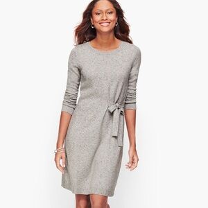 Talbots Tweed Side Tie Knit Gray Cotton Long Sleeve Shift Sweater Dress NWT